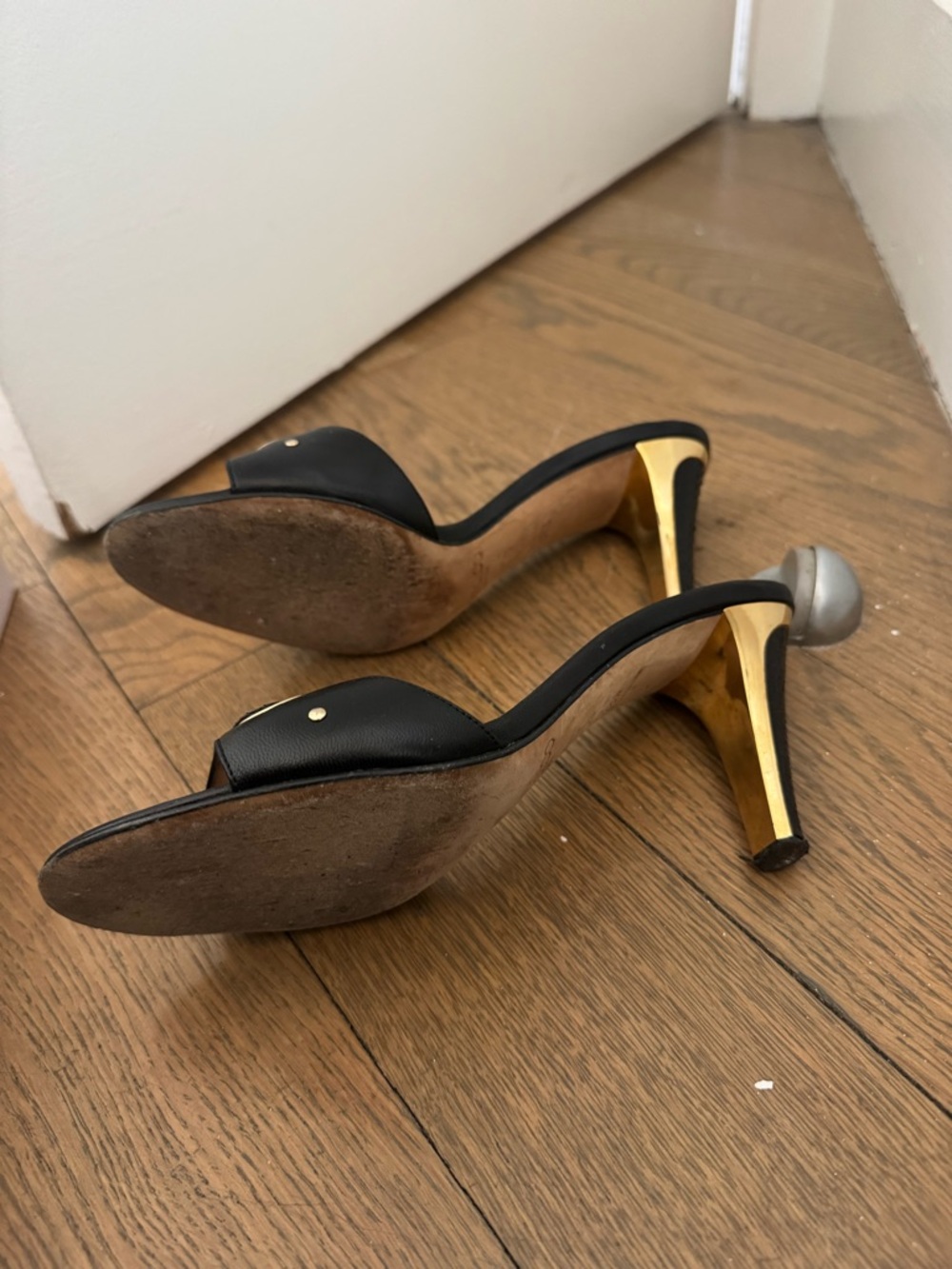 Jimmy Choo Black Leather Slide Heels with Gold-Tone Eyelets - Picture 4 of 7